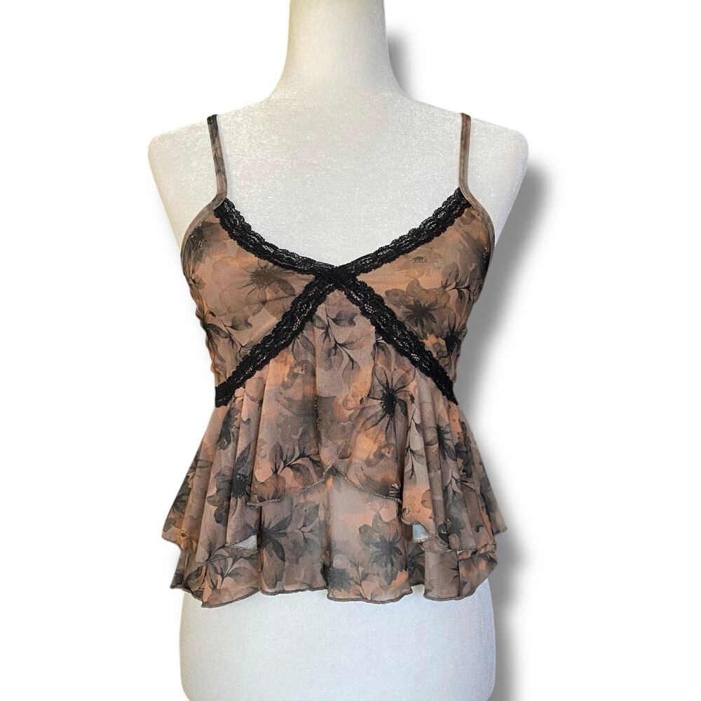 Windsor Abstract Dark Floral Lace Trim Crop Cami Top Fits Sz S Fairy Pirate Boho